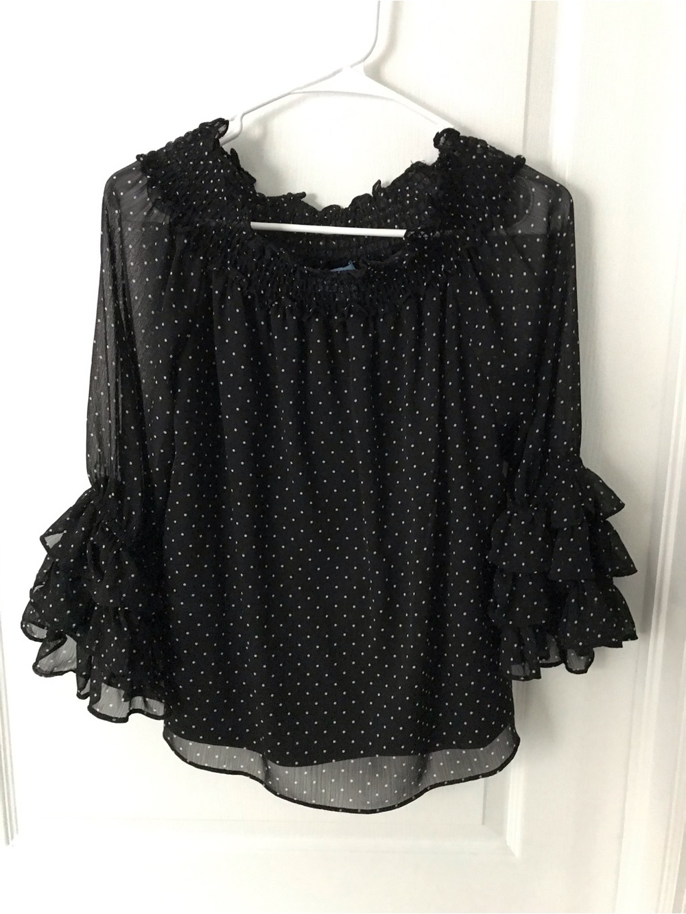 CeCe Black Polka Dot Ruffle Sleeve Blouse